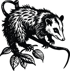 Opossum clinging to a branch with leaves animal mammal