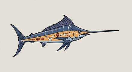 Illustration of a Marlin Fish with Sea Creatures