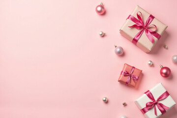 Christmas minimalistic composition. Gift box with ribbon and baubles on pink background. Flat lay, copy space. Greeting card concept.