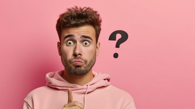 young man with surprised expression, thinking with a question mark on his head, isolated on pink background. - Powered by Adobe