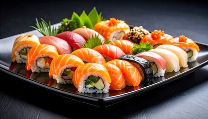Sushi platter, vibrant colors, fresh seafood