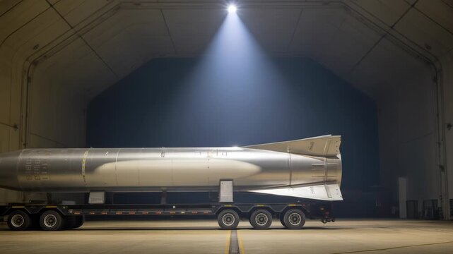 Large metallic missile on trailer in industrial hangar