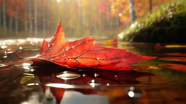 Vibrant red leaf resting on water, autumnal scene