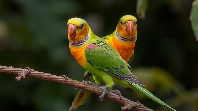 Two colorful parrots perched on a branch in a natural setting