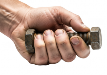 Hand holding a large bolt with threads isolated on transparent background