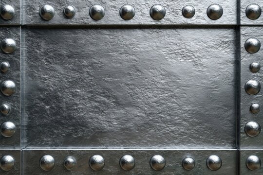 Metallic surface framed with rivets textured silvertoned and industriallooking