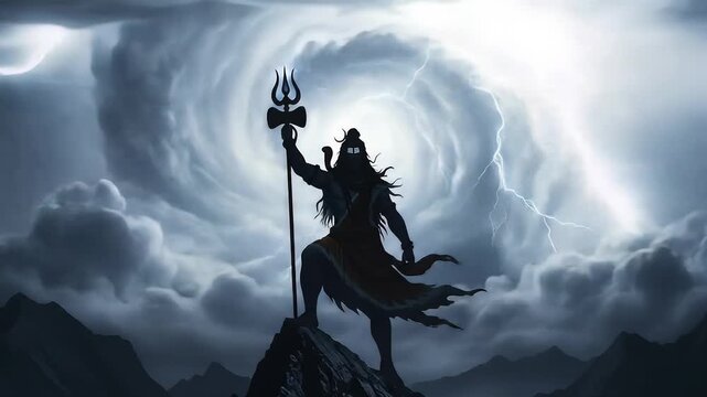 Silhouette of God Shiva on Mountain Under Dramatic Stormy Sky