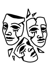 Broken faces illustration, shattered emotions concept art.