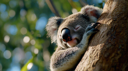 Fototapeta premium A koala curled up in a tree, eyes closed, taking a nap in the warm Australian sunlight. 