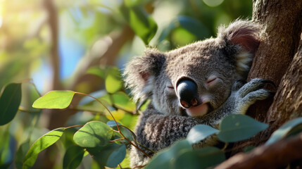 Fototapeta premium A koala curled up in a tree, eyes closed, taking a nap in the warm Australian sunlight. 