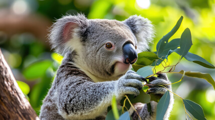 Fototapeta premium A koala peacefully eating eucalyptus leaves, with sunlight filtering through the leaves above it. 