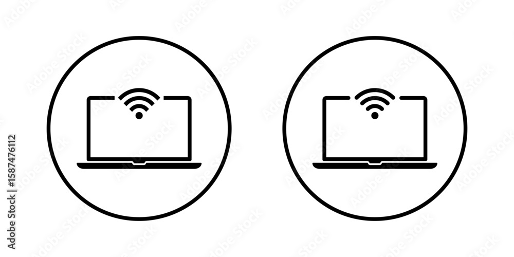 Fototapete laptop with wifi signal icon. wireless internet on notebook device symbol in circular outline
