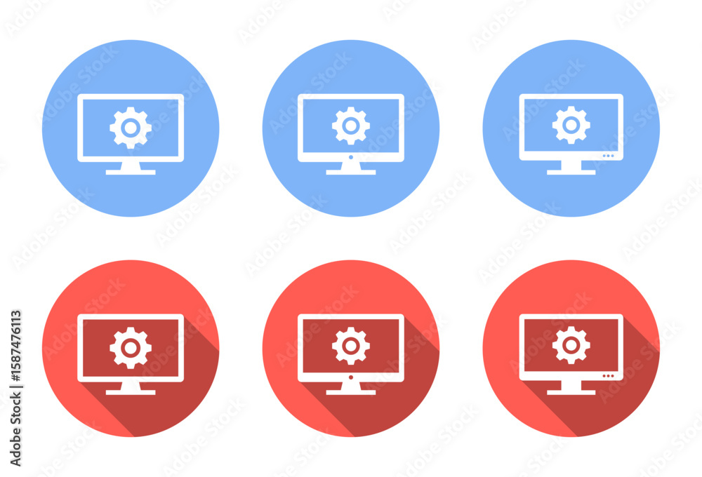 Poster computer monitor with gear icon set. system configuration and settings concept with long shadow