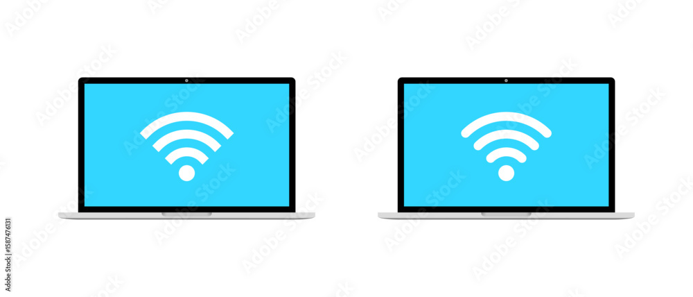 Poster flat laptop with wifi signal. notebook computer with blue screen and internet network icon