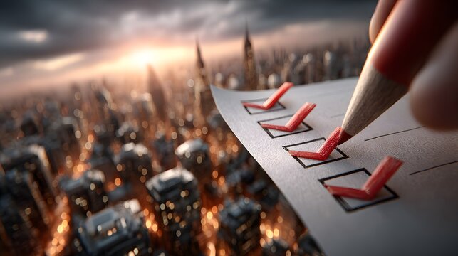 Breathtaking view of a modern high rise cityscape with towering skyscrapers and sleek angular architecture set against a vibrant fiery sunset sky