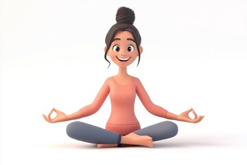 Smiling woman in lotus pose 3d render cartoon character on white background