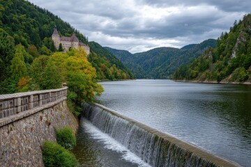 Fototapeta premium Castle atop hill beside lake dam in foreground mountains in distance under cloudy sky