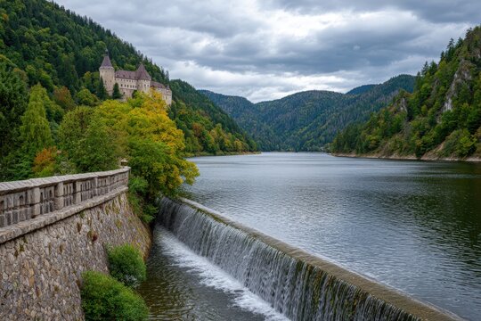 Castle atop hill beside lake dam in foreground mountains in distance under cloudy sky - Powered by Adobe