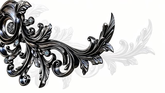 Ornate, decorative metal scrollwork design with embedded gems