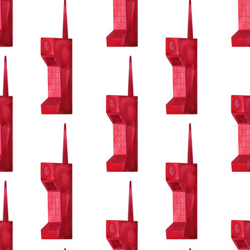 Old mobile phone with antenna and buttons. Aesthetics of romantic comedies of the 90s. Watercolor seamless pattern for wrapping paper or textile.