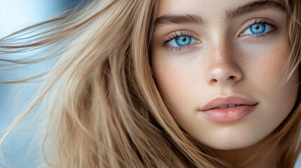 A woman with long, flowing blonde hair and expressive blue eyes, captured with a shallow depth of field, with a soft bokeh background.