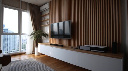 Fototapeta premium Clean and modern living room with decorative wood wall slats and functional white TV unit, brightened by sunlight from a city apartment window.