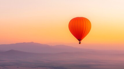 Obraz premium Vibrant orange hot air balloon floats over misty mountains at sunrise