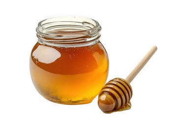 Delicious organic honey in glass jar with honey dipper png image, sweet golden honeycomb nectar, natural food, healthy breakfast isolated on transparent background