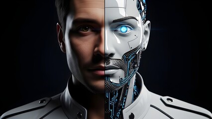 A half-man, half-machine figure illustrates the fusion of human identity and robotic systems, symbolizing the future of technology-enhanced intelligence in a digital age.