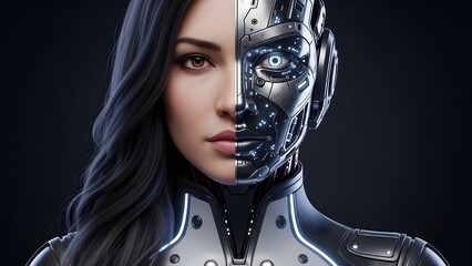 A futuristic woman with a cybernetic half-face represents the fusion of human and machine intelligence, symbolizing a seamless connection between organic life and technological evolution.