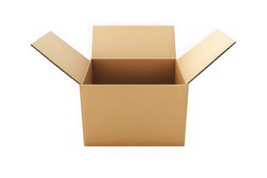 Open cardboard box illustration, packaging container, shipping box, carton box, empty box, brown box, delivery box, storage box isolated on transparent background
