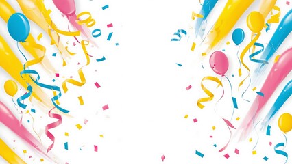 Colorful balloons and confetti on white background