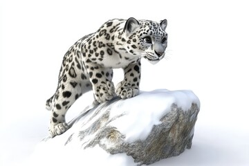 Fototapeta premium Snow leopard climbing snowy cliff 3d cartoon character on white background