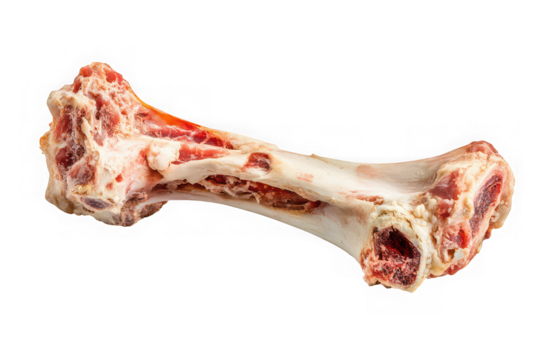 Raw bone with meat for dog treat, animal food, cooking ingredient, bone broth stock, beef bone isolated on transparent background