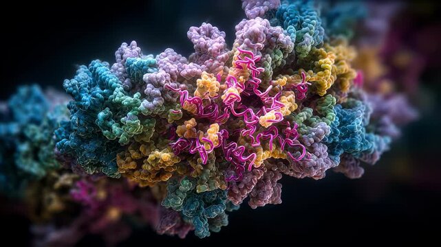 Microscopic view of small interfering RNA molecules forming a complex with proteins involved in the RNA interference pathway.