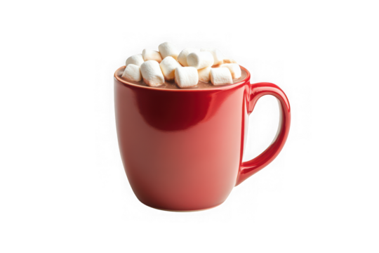 Stock photo: red mug filled with hot chocolate and marshmallows, perfect for winter holidays and cozy vibes isolated on transparent background