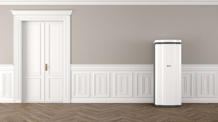Interior white door, paneling, herringbone floor, energy storage system on taupe wall