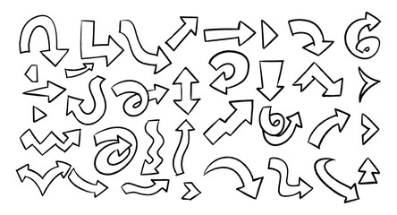 Set of Hand drawn doodle arrows vector set collection with playful curved, spiral, zigzag, and loop designs. Perfect for presentations, infographics, notes, planners, or creative design projects.