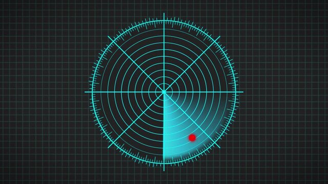 Video animation of a radar screen in blue with scanning beam on dark background. Virtual dashboard interface in a seamless loop.