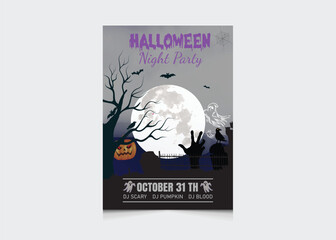 Spooky Halloween Night Party Flyer with Full Moon and Haunted Graveyard Illustration