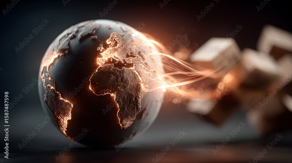 Poster vibrant digital rendering of the earth globe illuminated with a warm glow and surrounded by web like