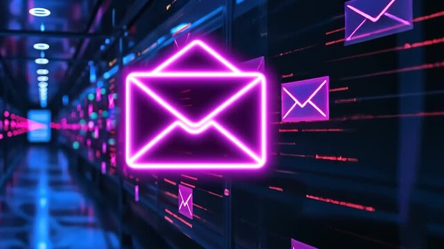 Neon pink email icons on a server room wall
