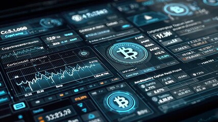 Bitcoin Interface: An advanced digital interface displaying real-time cryptocurrency data, reflecting the dynamic nature of blockchain technology in a futuristic, high-tech environment. - Powered by Adobe