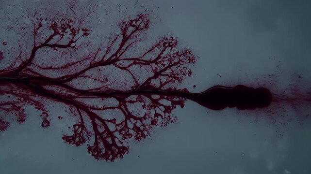 A droplet of deep crimson fluid splashes onto a snowy surface where it unfurls into a sprawling network of organic veins and soft edges reminiscent of blood vessels or flowering petals