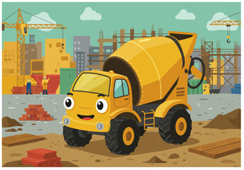 Adorable cartoon cement mixer truck with a happy face at a construction site. Vector illustration of heavy machinery and urban development.