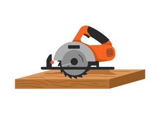 Electric circular saw cutting a wooden board, a power tool for construction, carpentry, and DIY projects