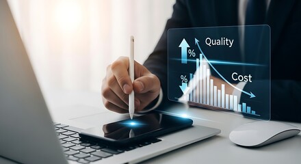 Businessman analyzing digital graph showing increasing quality and decreasing cost on futuristic transparent screen