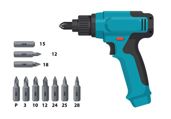 Professional cordless electric screwdriver with a set of interchangeable bits for repair, assembly, and construction work.