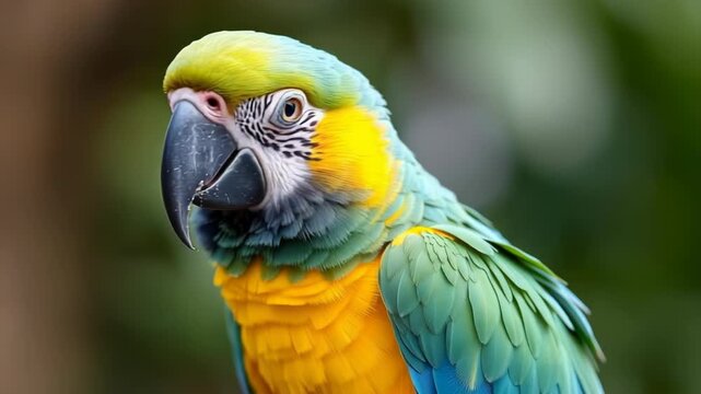 A closeup portrait of a vibrant blue and yellow macaw parrot with detailed feathers