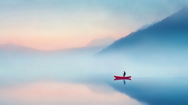 Solitary figure paddles red canoe across misty lake at dawn